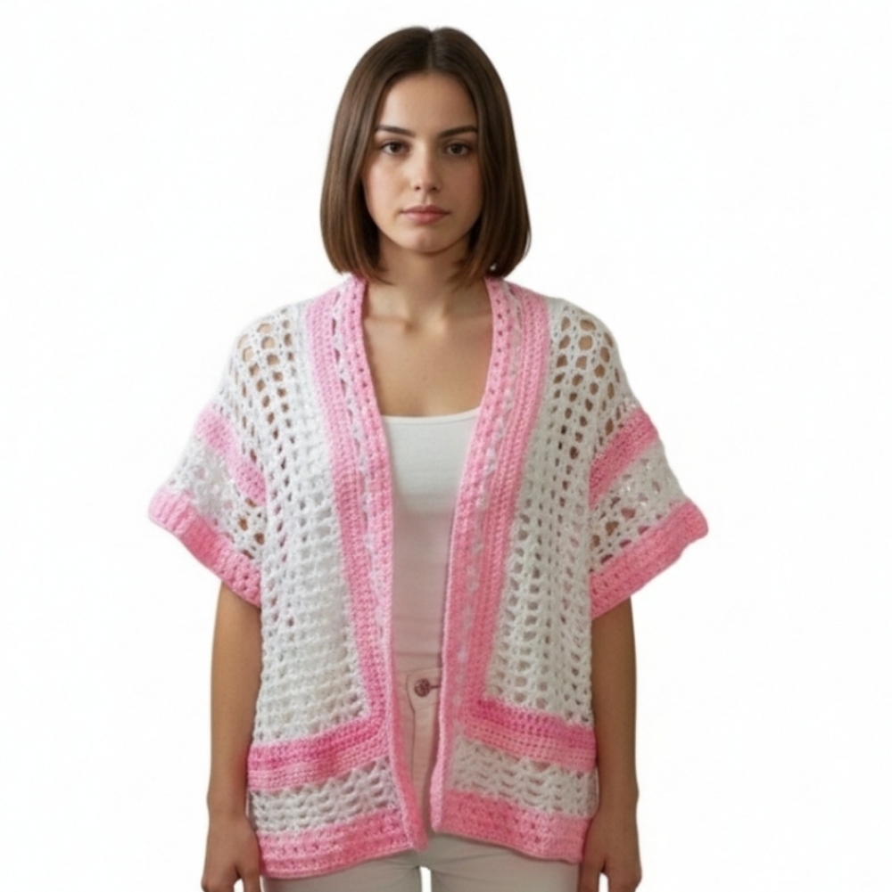 Granny Square Open Front Crochet Cardigan Pink White Fishnet Valentine's Sweater
